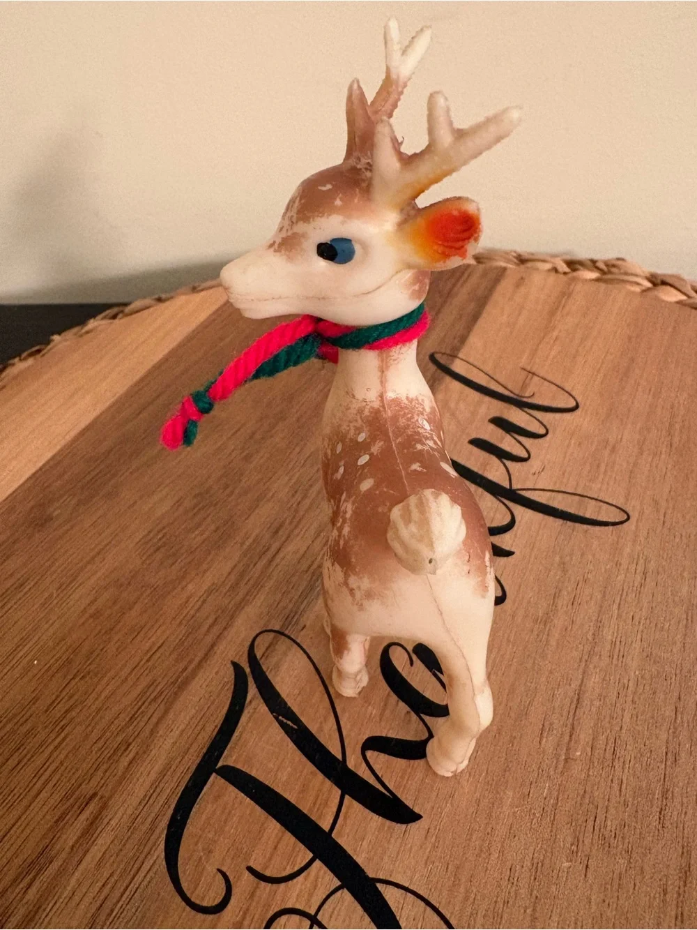 Vintage Brown & Cream Reindeer Figurine with Red and Green Scarf Plastic